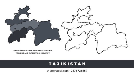 Tajikistan political regions black color outline map set