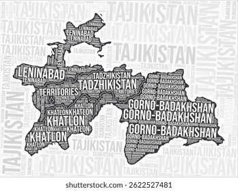 Tajikistan regions map word cloud. Tajikistan region names. Black and white map design. Beautiful vector illustration.