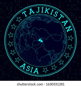 Tajikistan round sign. Futuristic satelite view of the world centered to Tajikistan. Country badge with map, round text and binary background. Appealing vector illustration.