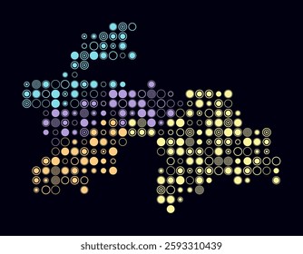 Tajikistan, shape of the country built of colored cells. Digital style map of Tajikistan on a dark background. Large size circle blocks. Trending vector illustration.