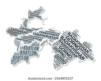 Tajikistan shape text cloud. Country border with shadow on white background. Tajikistan with regions division in vintage gazette style. Trending vector illustration.