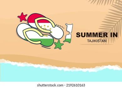 Tajikistan summer holiday vector banner, beach vacation concept, flip flops sunglasses starfish on sand, copy space area, Tajikistan summer travel and tourism idea with flag
