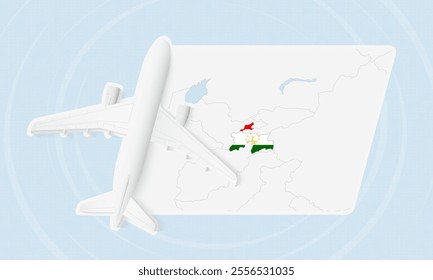 Tajikistan Travel Illustration with Plane and National Flag. Ideal for travel agencies, promotional materials, or geographic content related to Tajikistan.