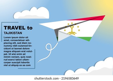 Tajikistan travel vector banner with paper flag and text space, Tajikistan country flag on paper plane, holiday and vacation concept, summer travel template and pattern, flight ticket idea