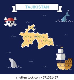 Tajikistan treasure map in flat design. Colorful cartoon treasure map of Tajikistan with flat design icons of pirate ship and jolly roger. Tajikistan flat design vector illustration.