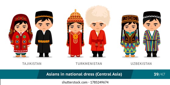 Tajikistan, Turkmenistan, Uzbekistan. Men and women in national dress. Set of asian people wearing ethnic traditional costume. Isolated cartoon characters. Central Asia. Vector flat illustration.