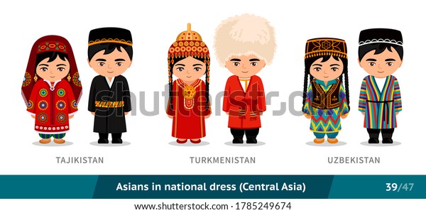 Tajikistan, Turkmenistan, Uzbekistan. Men\
and women in national dress. Set of asian people wearing ethnic\
traditional costume. Isolated cartoon characters. Central Asia.\
Vector flat\
illustration.