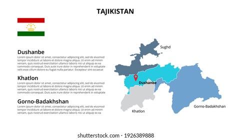 Tajikistan vector map infographic template divided by states, regions or provinces. Slide presentation.