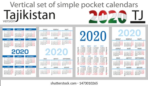 Tajikistan vertical set of pocket calendars for 2020 (Two thousand nineteen). Week starts Monday. New year. Color simple design. Vector