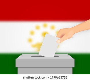 Tajikistan vote election banner background. Ballot Box with blurred flag