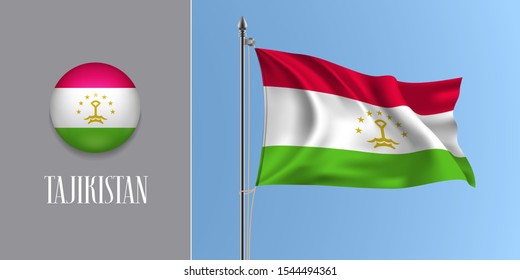 Tajikistan waving flag on flagpole and round icon vector illustration. Realistic 3d mockup with design of Tajikistani flag and circle button 
