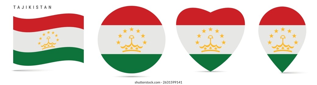 Tajikistan waving flag, round circle sticker badge, heart shaped icon, map pin. Tajik flag buttons of different shapes. Vector illustration isolated on white.