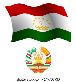 tajikistan wavy flag and coat of arm against white background, vector art illustration, image contains transparency