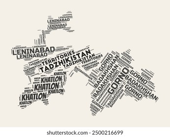 Tajikistan Word Cloud. Country with regions division. Tajikistan typographic text clouds vector image design. Vintage gazette style country shape image. Amazing vector illustration.