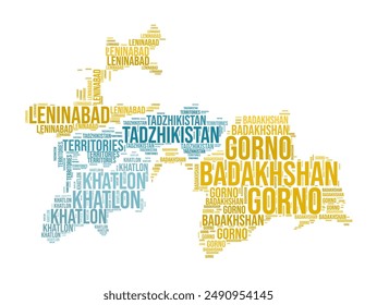 Tajikistan Word Cloud. Country shape with region division. Tajikistan typography style image. Region names tag clouds. Vector illustration.