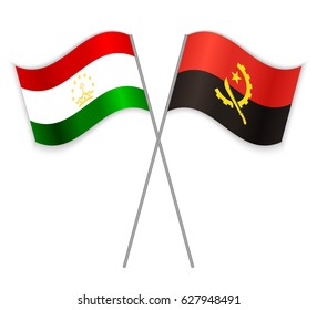 Tajikistani and Angolan crossed flags. Tajikistan combined with Angola isolated on white. Language learning, international business or travel concept.