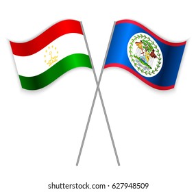 Tajikistani and Belizean crossed flags. Tajikistan combined with Belize isolated on white. Language learning, international business or travel concept.