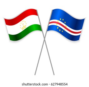 Tajikistani and Cabo Verdean crossed flags. Tajikistan combined with Cabo Verde isolated on white. Language learning, international business or travel concept.