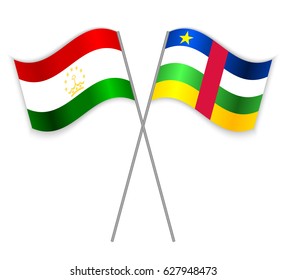 Tajikistani and Central African crossed flags. Tajikistan combined with Central African Republic isolated on white. Language learning, international business or travel concept.