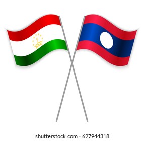 Tajikistani and Laotian crossed flags. Tajikistan combined with Laos isolated on white. Language learning, international business or travel concept.