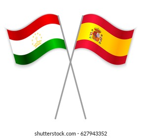Tajikistani and Spanish crossed flags. Tajikistan combined with Spain isolated on white. Language learning, international business or travel concept.