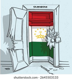 O caminho do Tajiquistão para a liberdade. Ilustração política de uma porta quebrada, mas trancada, com a bandeira nacional. Uma metáfora para luta e esperança.