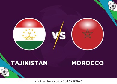 Tajistan vs Morocco football match design rivals flags of both teams in football shape with editable EPS file and purple colour background.TJK VS MAR  football match thumbnail.