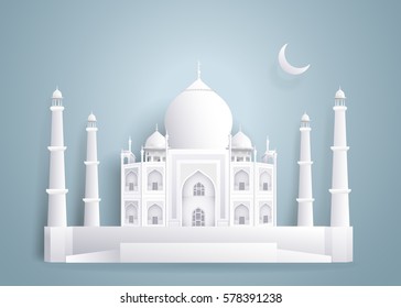 Tajmahal Paper Buildings on blue gray background.vector illustration