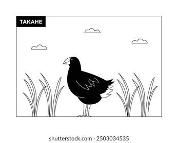 Takahe Vogel zwischen hohen Gras, schwarz-weiß, Umriss, Vektorgrafik.