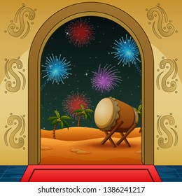 Takbir night celebration with a fireworks in front the mosque