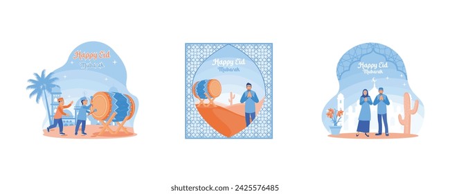 Takbiran children welcome Eid al Fitr. Happy Muslim man welcoming Eid al Fitr. Happy Eid Mubarak concept. Set flat vector illustration 