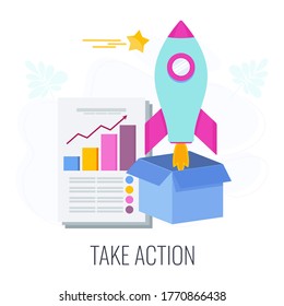 Take Action Icon. Call To Action, CTA. Report With Chart, Rocket Flies Out Of The Box. Outbound Marketing. Traditional Advertising And Promotion.