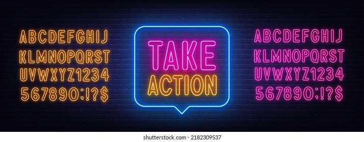 Take Action Neon Sign In The Speech Bubble On Brick Wall Background ..