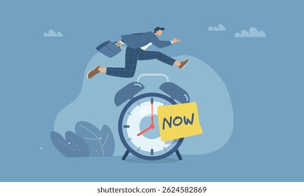 Tome a iniciativa agora e não procrastine, Trabalho direcionado para realizar tarefas no tempo de forma eficiente, Empresário pulando sobre o relógio para o objetivo, Ilustração de vetor de design plano.
