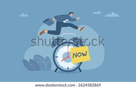 Take action now and don't procrastinate, Targeted work to achieve tasks on time efficiently, Businessman jumping over clock to goal, Flat design vector illustration.
