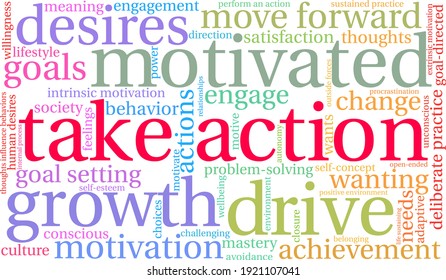 Take Action word cloud on a white background. 