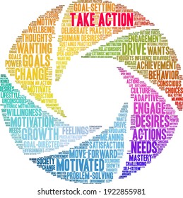 Take Action word cloud on a white background. 