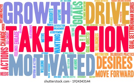 Take Action word cloud on a white background. 