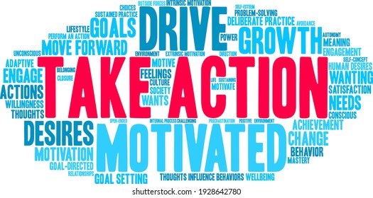 Take Action word cloud on a white background. 