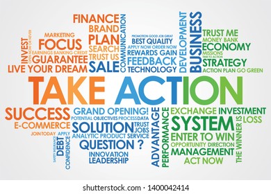 Take Action  in word cloud and white background