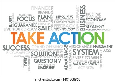 Take Action  in word cloud and white background