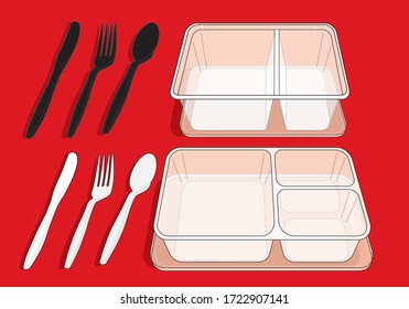 Take away 2 and 3 Compartment Disposable empty Lunch Box Rectangle Shape Microwave Safe Food Container. Black and White Disposable Plastic Spoon and Fork. 