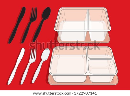 Take away 2 and 3 Compartment Disposable empty Lunch Box Rectangle Shape Microwave Safe Food Container. Black and White Disposable Plastic Spoon and Fork. 