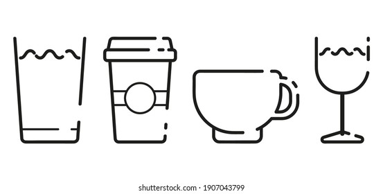 Take away alcoholic and non-alcoholic, cold and hot drinks. Water in a glass, coffee and tea in a mug, wine. Thin line icons for web, applications and design. Minimalistic flat style.