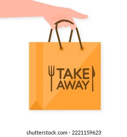 Take away bag in flat style. Coffee shop logo. Vector template