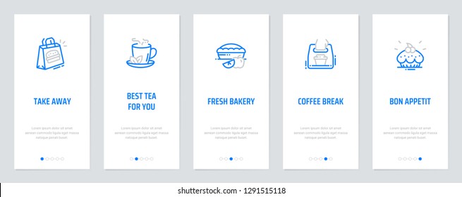 Take away, Best tea for you, Fresh bakery, Coffee break, Bon Appetit Vertical Cards with strong metaphors. Template for website design.