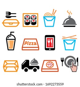 Take away box, meal vector icons set, Chinese food delivery, pizza and sushi bar take away design
