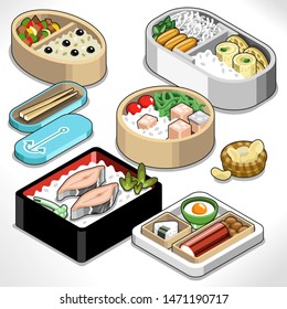 Take away boxes with fish, rice, tofu, egg and beans inlcuding chopsticks in a case
(isometric illustration)