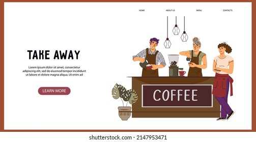 Take away cafe website template with baristas prepare coffee, flat vector illustration. Takeaway or takeout, coffeehouse. Webpage or presentation header.