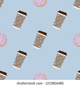 Take away coffee cappuccino latte with donut pattern vector illustration